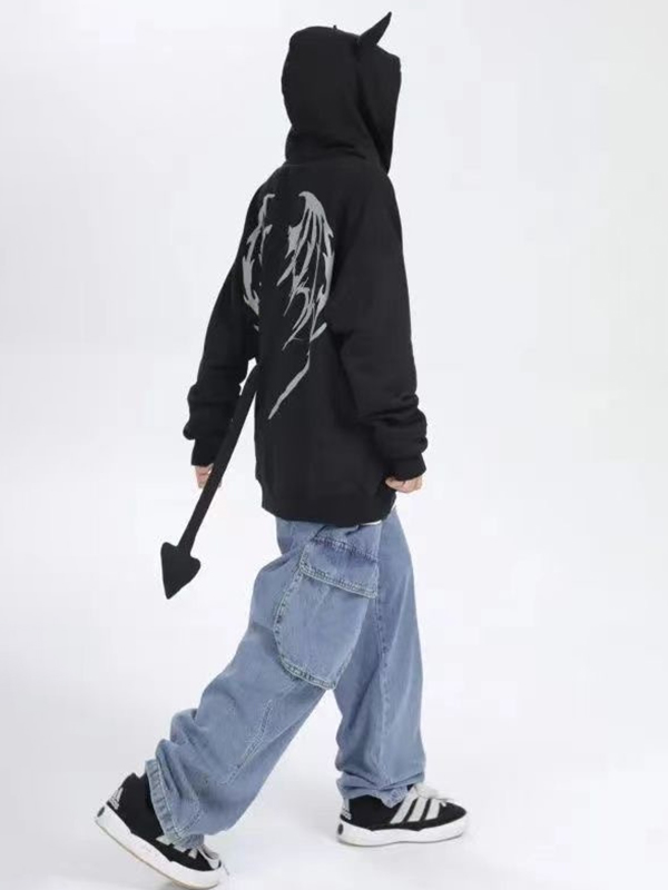 Übergroßer Fleece-Kapuzenpullover mit Devil Styling Wing-Print für Herren-2