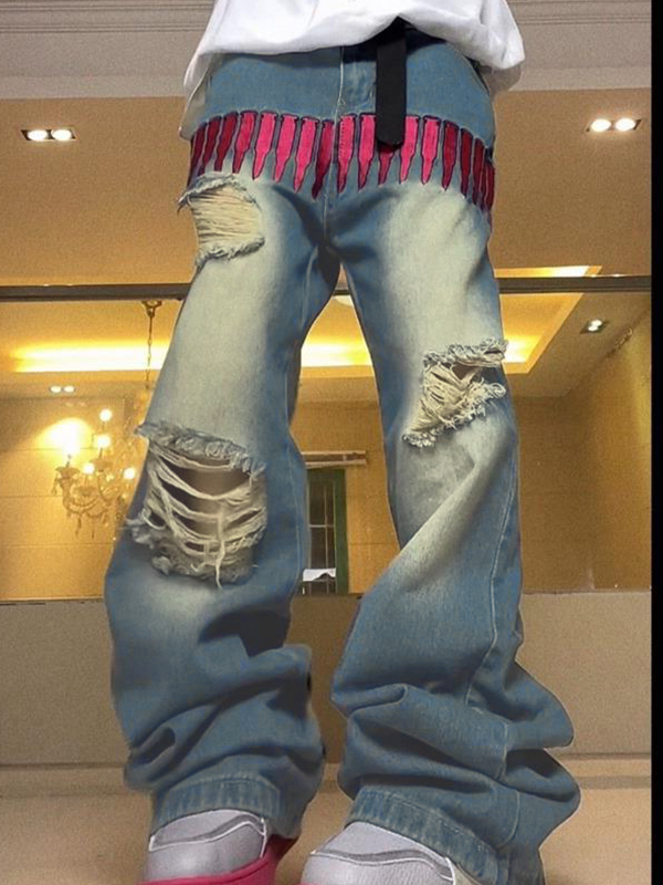 Zerrissene, lockere Herrenjeans mit Bullet-Stickerei in Rosa-2
