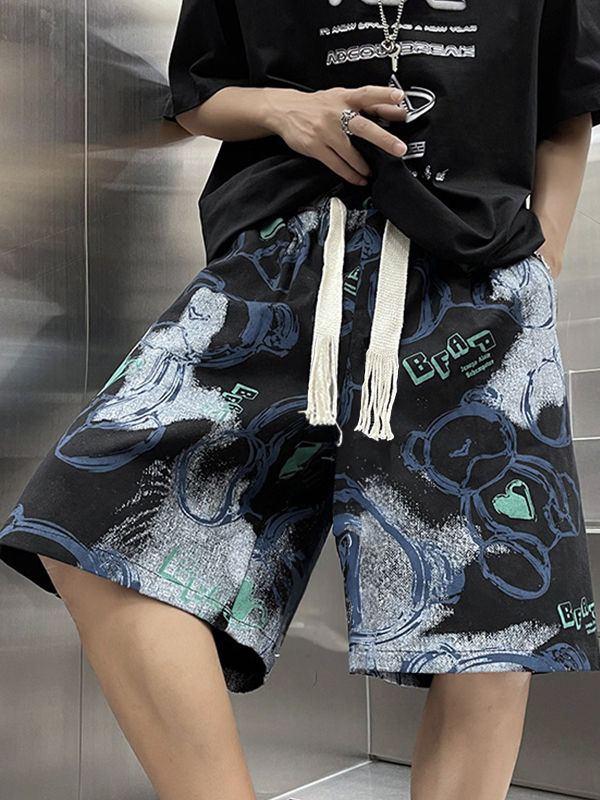 Herren-Shorts mit unregelmäßigem Cartoon-Bär-Print und Kordelzug-3